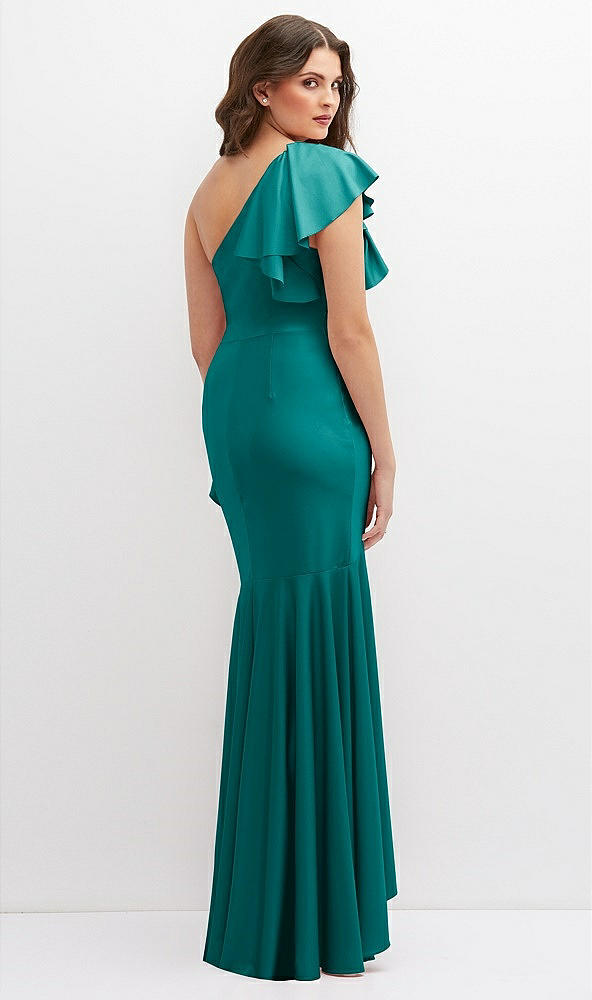 Back View - Peacock Teal One-Shoulder Stretch Satin Mermaid Dress with Cascade Ruffle Flamenco Skirt