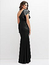 Rear View Thumbnail - Black One-Shoulder Stretch Satin Mermaid Dress with Cascade Ruffle Flamenco Skirt