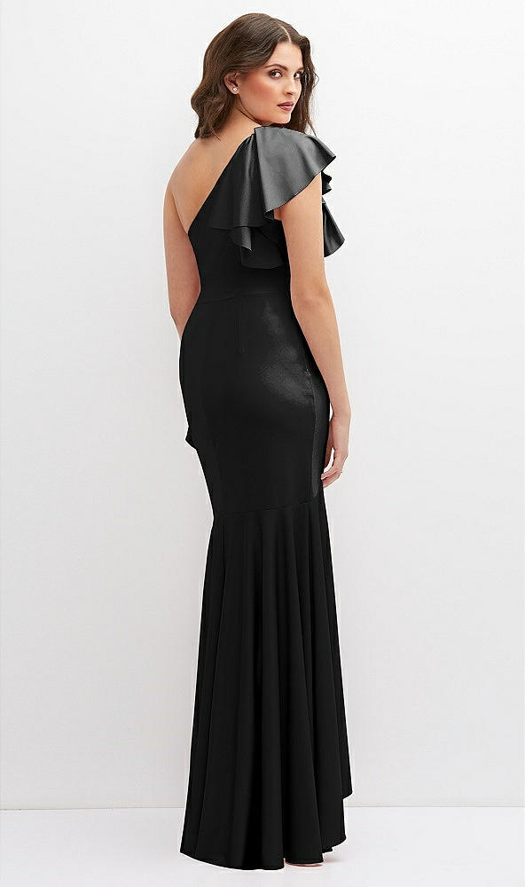 Back View - Black One-Shoulder Stretch Satin Mermaid Dress with Cascade Ruffle Flamenco Skirt