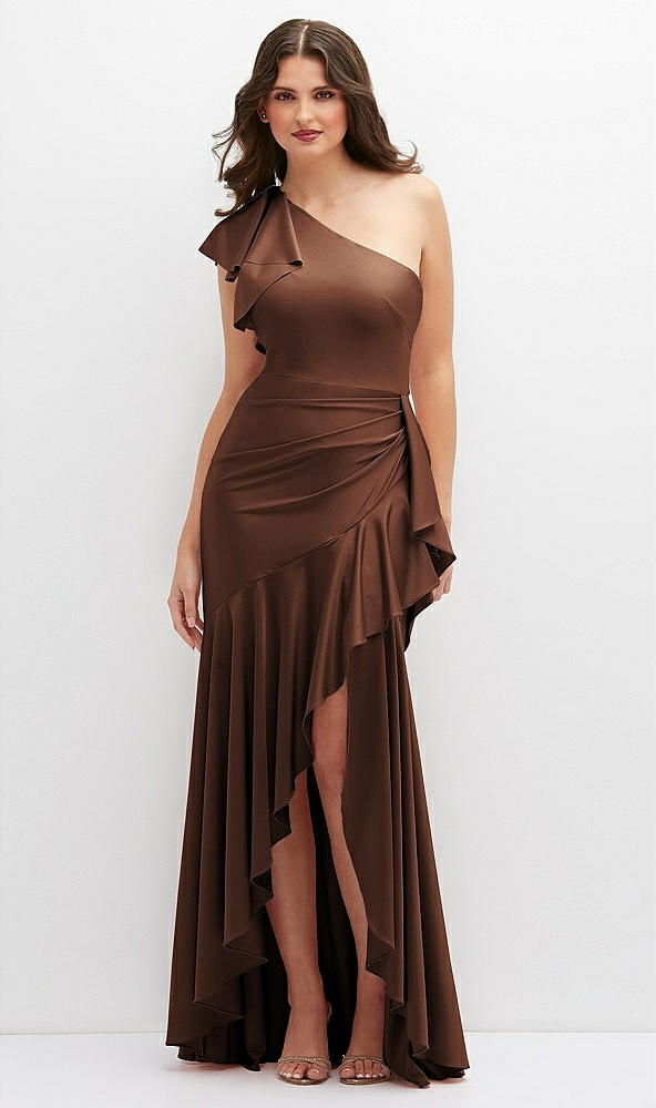 Front View - Cognac One-Shoulder Stretch Satin Mermaid Dress with Cascade Ruffle Flamenco Skirt