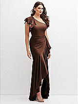 Side View Thumbnail - Cognac One-Shoulder Stretch Satin Mermaid Dress with Cascade Ruffle Flamenco Skirt