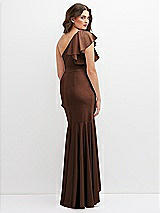 Rear View Thumbnail - Cognac One-Shoulder Stretch Satin Mermaid Dress with Cascade Ruffle Flamenco Skirt