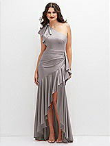 Front View Thumbnail - Cashmere Gray One-Shoulder Stretch Satin Mermaid Dress with Cascade Ruffle Flamenco Skirt