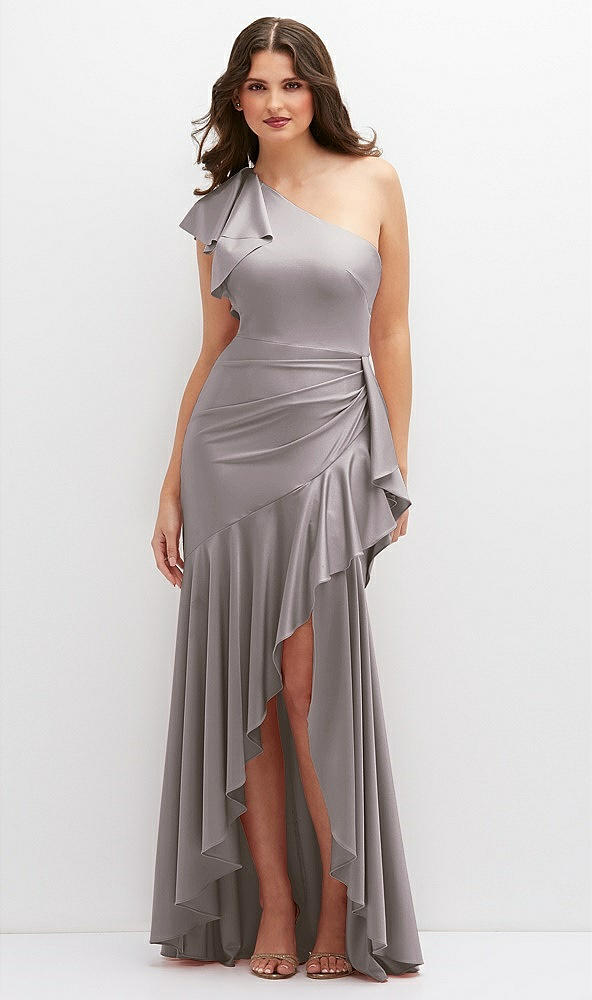 Front View - Cashmere Gray One-Shoulder Stretch Satin Mermaid Dress with Cascade Ruffle Flamenco Skirt