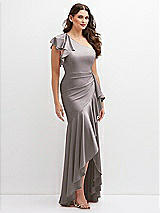 Side View Thumbnail - Cashmere Gray One-Shoulder Stretch Satin Mermaid Dress with Cascade Ruffle Flamenco Skirt