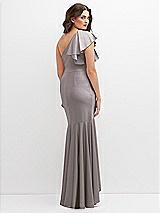 Rear View Thumbnail - Cashmere Gray One-Shoulder Stretch Satin Mermaid Dress with Cascade Ruffle Flamenco Skirt