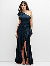 Front View Thumbnail - Midnight Navy One-Shoulder Stretch Satin Mermaid Dress with Cascade Ruffle Flamenco Skirt