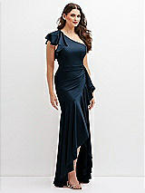 Side View Thumbnail - Midnight Navy One-Shoulder Stretch Satin Mermaid Dress with Cascade Ruffle Flamenco Skirt