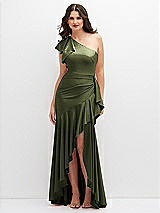 Front View Thumbnail - Olive Green One-Shoulder Stretch Satin Mermaid Dress with Cascade Ruffle Flamenco Skirt