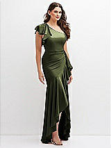 Side View Thumbnail - Olive Green One-Shoulder Stretch Satin Mermaid Dress with Cascade Ruffle Flamenco Skirt