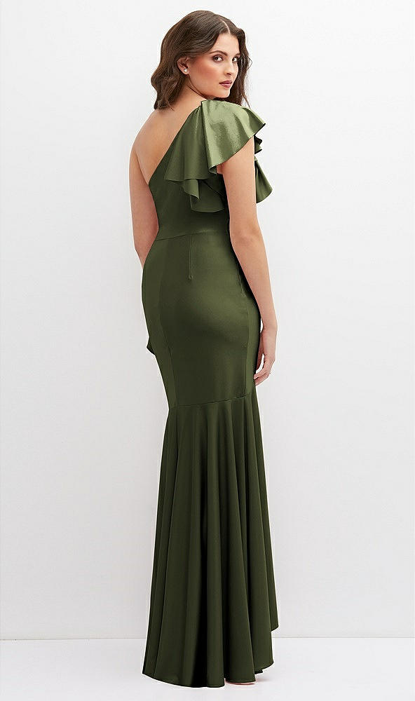 Back View - Olive Green One-Shoulder Stretch Satin Mermaid Dress with Cascade Ruffle Flamenco Skirt