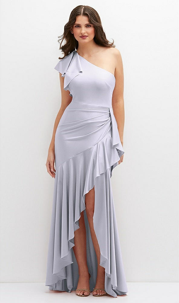 Front View - Silver Dove One-Shoulder Stretch Satin Mermaid Dress with Cascade Ruffle Flamenco Skirt