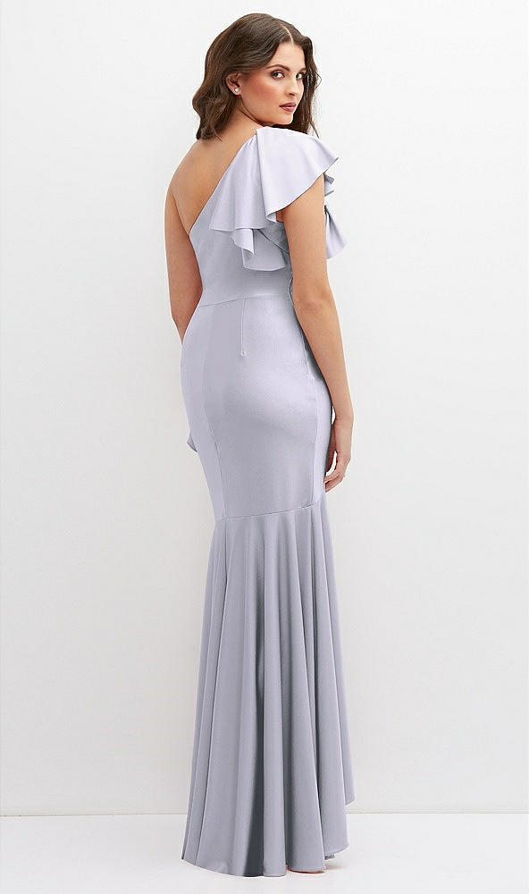 Back View - Silver Dove One-Shoulder Stretch Satin Mermaid Dress with Cascade Ruffle Flamenco Skirt