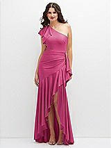 Front View Thumbnail - Tea Rose One-Shoulder Stretch Satin Mermaid Dress with Cascade Ruffle Flamenco Skirt