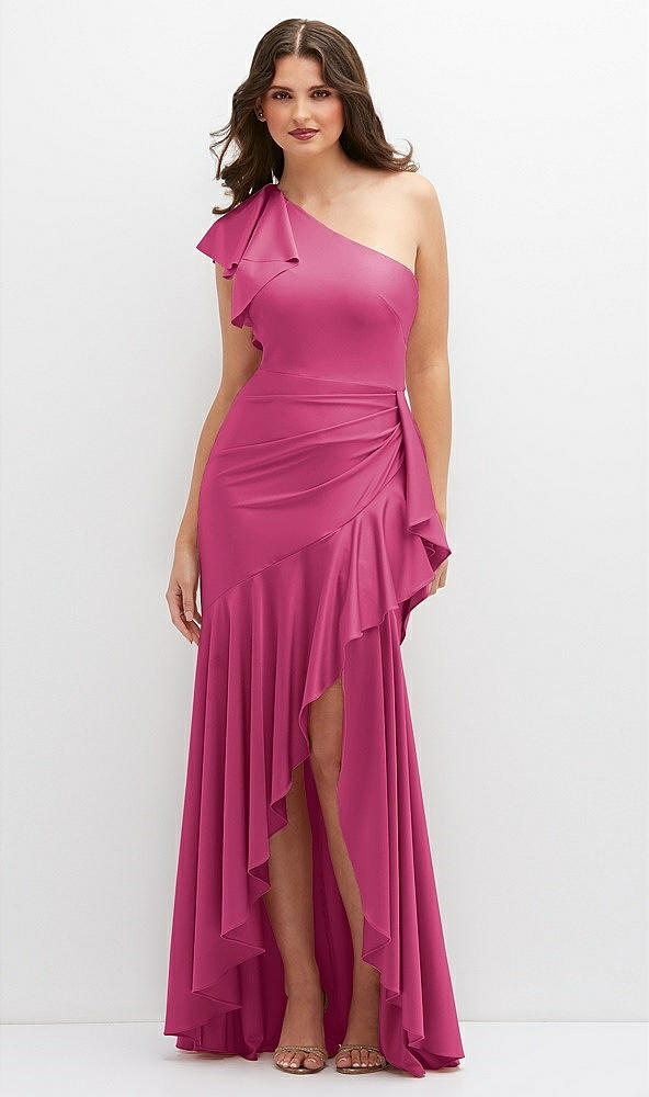 Front View - Tea Rose One-Shoulder Stretch Satin Mermaid Dress with Cascade Ruffle Flamenco Skirt