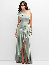 Front View Thumbnail - Willow Green One-Shoulder Stretch Satin Mermaid Dress with Cascade Ruffle Flamenco Skirt
