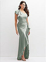 Side View Thumbnail - Willow Green One-Shoulder Stretch Satin Mermaid Dress with Cascade Ruffle Flamenco Skirt