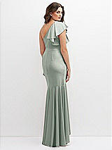 Rear View Thumbnail - Willow Green One-Shoulder Stretch Satin Mermaid Dress with Cascade Ruffle Flamenco Skirt