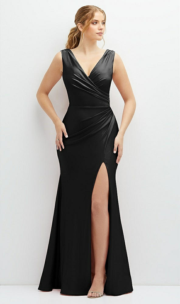 Front View - Black Draped Wrap Stretch Satin Mermaid Dress with Horsehair Hem
