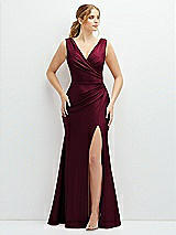 Front View Thumbnail - Cabernet Draped Wrap Stretch Satin Mermaid Dress with Horsehair Hem