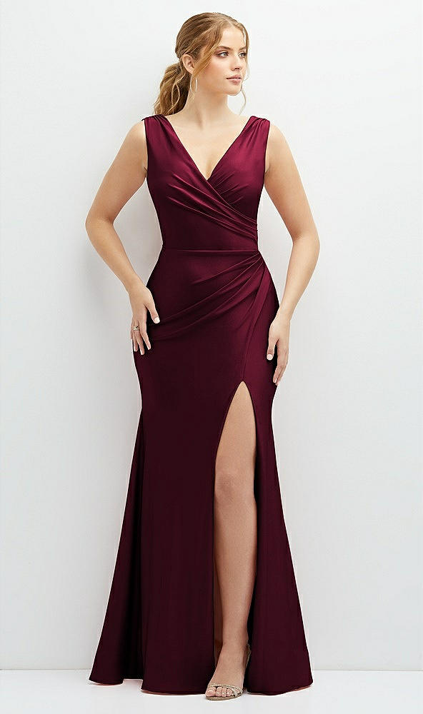 Front View - Cabernet Draped Wrap Stretch Satin Mermaid Dress with Horsehair Hem