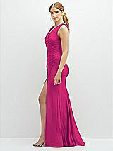 Side View Thumbnail - Think Pink Draped Wrap Stretch Satin Mermaid Dress with Horsehair Hem