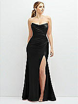 Front View Thumbnail - Black Strapless Basque-Neck Draped Stretch Satin Mermaid Dress with Horsehair Hem