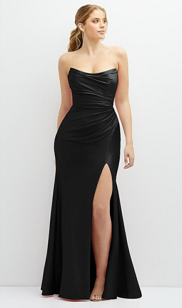 Front View - Black Strapless Basque-Neck Draped Stretch Satin Mermaid Dress with Horsehair Hem