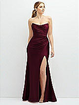 Front View Thumbnail - Cabernet Strapless Basque-Neck Draped Stretch Satin Mermaid Dress with Horsehair Hem