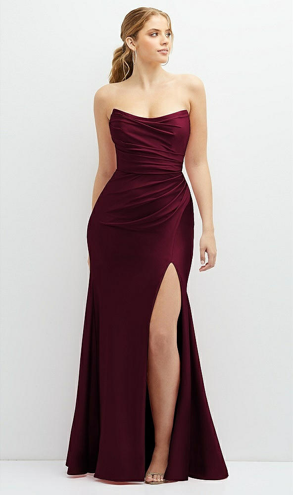 Front View - Cabernet Strapless Basque-Neck Draped Stretch Satin Mermaid Dress with Horsehair Hem
