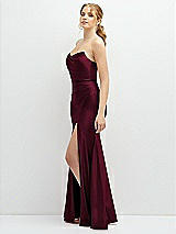 Side View Thumbnail - Cabernet Strapless Basque-Neck Draped Stretch Satin Mermaid Dress with Horsehair Hem