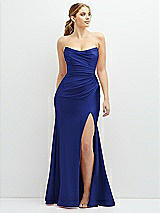 Front View Thumbnail - Cobalt Blue Strapless Basque-Neck Draped Stretch Satin Mermaid Dress with Horsehair Hem