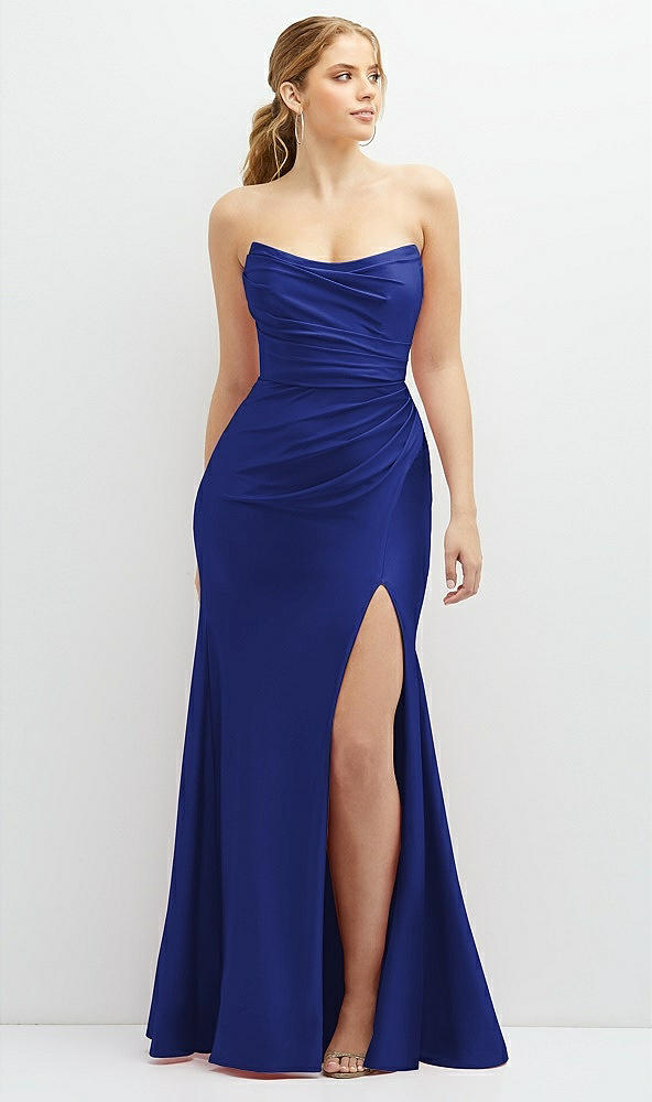 Front View - Cobalt Blue Strapless Basque-Neck Draped Stretch Satin Mermaid Dress with Horsehair Hem