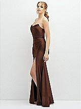 Side View Thumbnail - Cognac Strapless Basque-Neck Draped Stretch Satin Mermaid Dress with Horsehair Hem