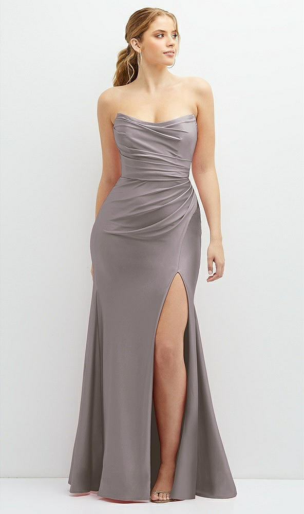 Front View - Cashmere Gray Strapless Basque-Neck Draped Stretch Satin Mermaid Dress with Horsehair Hem