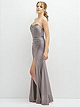 Side View Thumbnail - Cashmere Gray Strapless Basque-Neck Draped Stretch Satin Mermaid Dress with Horsehair Hem