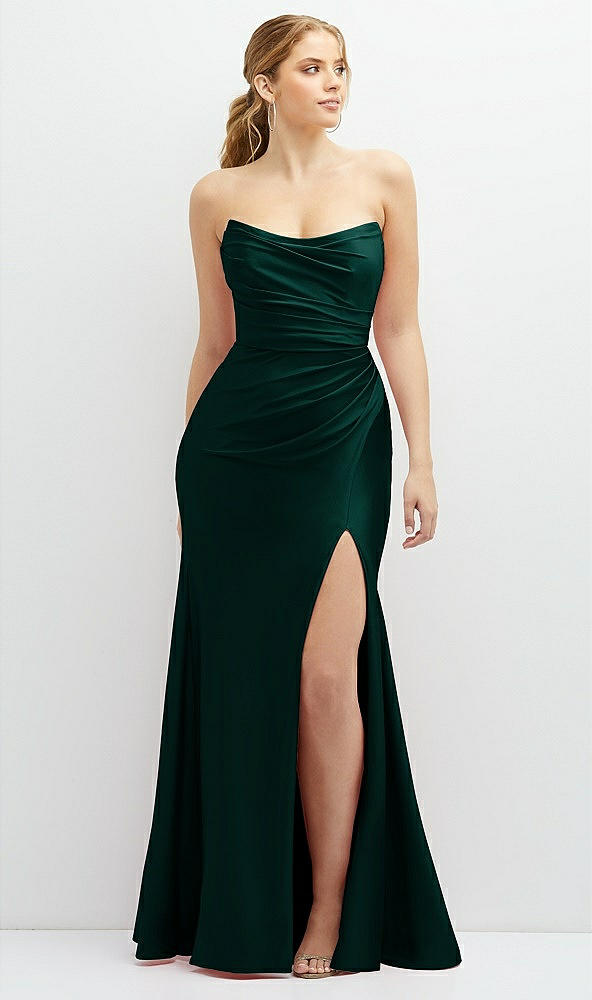 Front View - Evergreen Strapless Basque-Neck Draped Stretch Satin Mermaid Dress with Horsehair Hem