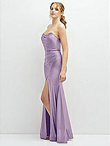 Side View Thumbnail - Pale Purple Strapless Basque-Neck Draped Stretch Satin Mermaid Dress with Horsehair Hem