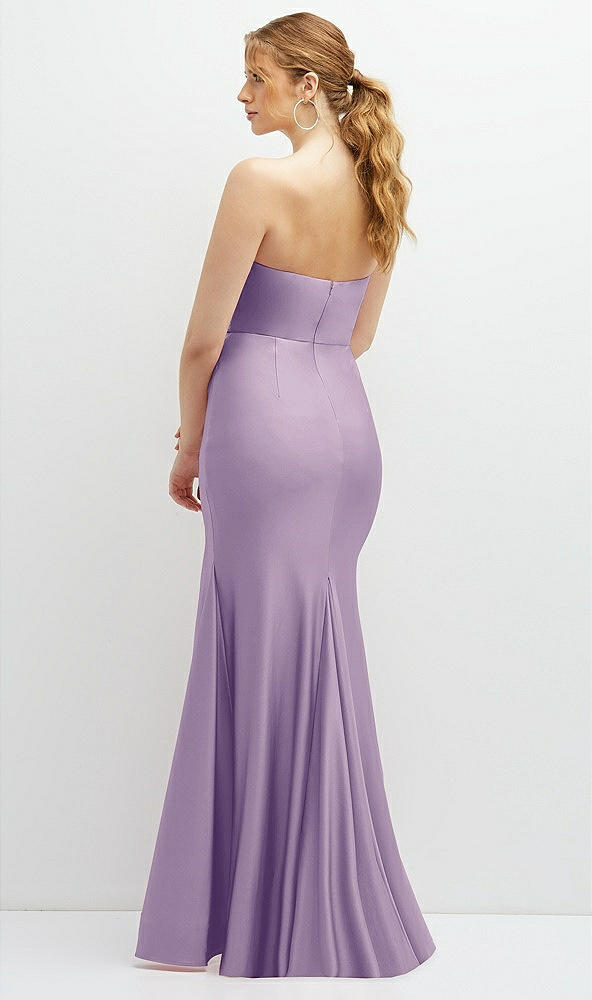 Back View - Pale Purple Strapless Basque-Neck Draped Stretch Satin Mermaid Dress with Horsehair Hem