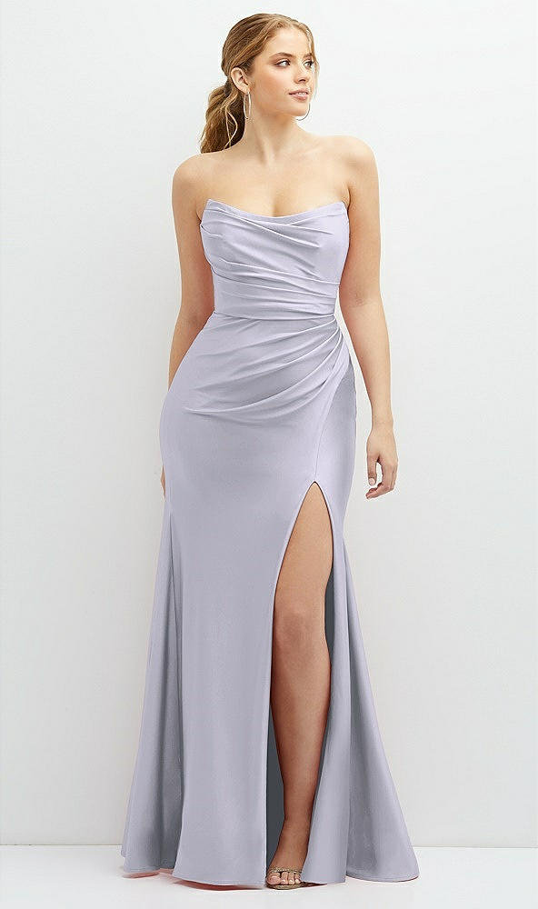 Front View - Silver Dove Strapless Basque-Neck Draped Stretch Satin Mermaid Dress with Horsehair Hem