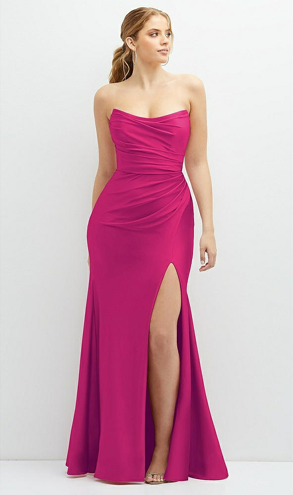 Front View - Think Pink Strapless Basque-Neck Draped Stretch Satin Mermaid Dress with Horsehair Hem