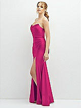 Side View Thumbnail - Think Pink Strapless Basque-Neck Draped Stretch Satin Mermaid Dress with Horsehair Hem