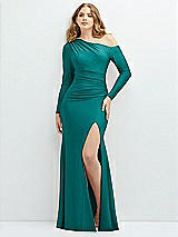 Front View Thumbnail - Peacock Teal Long Sleeve Cold-Shoulder Draped Stretch Satin Mermaid Dress with Horsehair Hem
