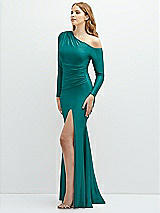 Side View Thumbnail - Peacock Teal Long Sleeve Cold-Shoulder Draped Stretch Satin Mermaid Dress with Horsehair Hem