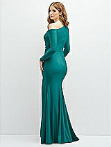 Rear View Thumbnail - Peacock Teal Long Sleeve Cold-Shoulder Draped Stretch Satin Mermaid Dress with Horsehair Hem