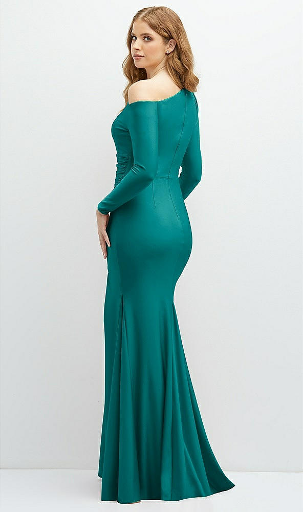 Back View - Peacock Teal Long Sleeve Cold-Shoulder Draped Stretch Satin Mermaid Dress with Horsehair Hem