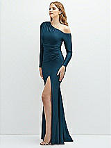 Side View Thumbnail - Atlantic Blue Long Sleeve Cold-Shoulder Draped Stretch Satin Mermaid Dress with Horsehair Hem