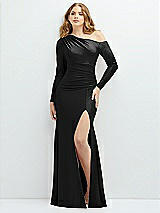 Front View Thumbnail - Black Long Sleeve Cold-Shoulder Draped Stretch Satin Mermaid Dress with Horsehair Hem