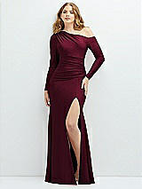 Front View Thumbnail - Cabernet Long Sleeve Cold-Shoulder Draped Stretch Satin Mermaid Dress with Horsehair Hem
