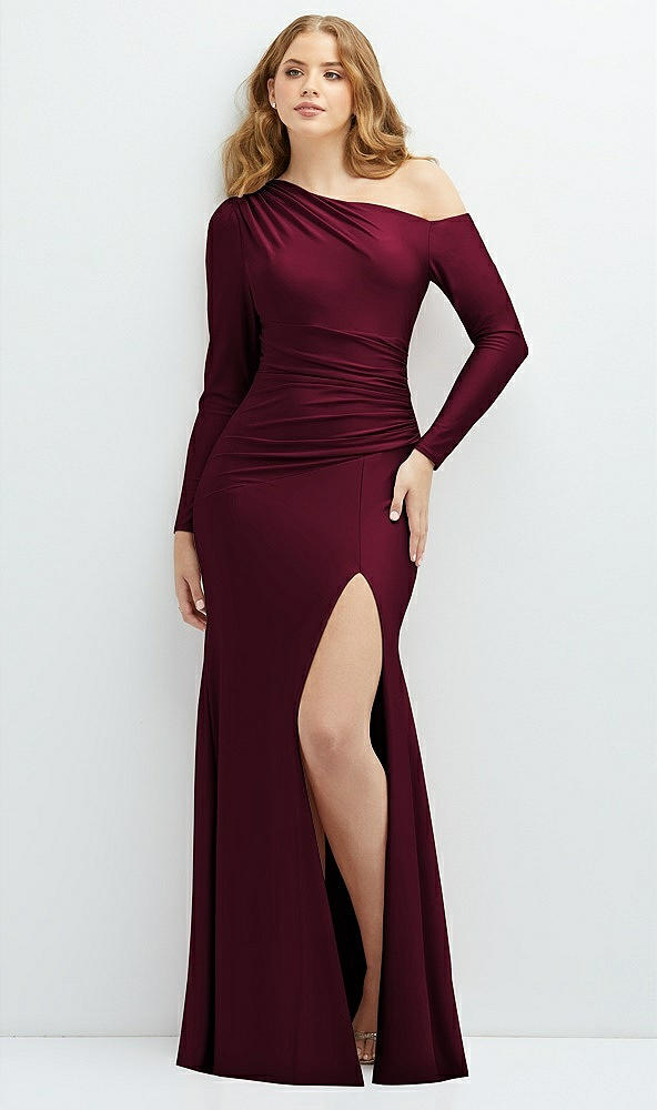 Front View - Cabernet Long Sleeve Cold-Shoulder Draped Stretch Satin Mermaid Dress with Horsehair Hem